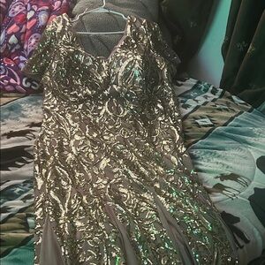R&M Richards Gold and Green Sequin Prom Dress